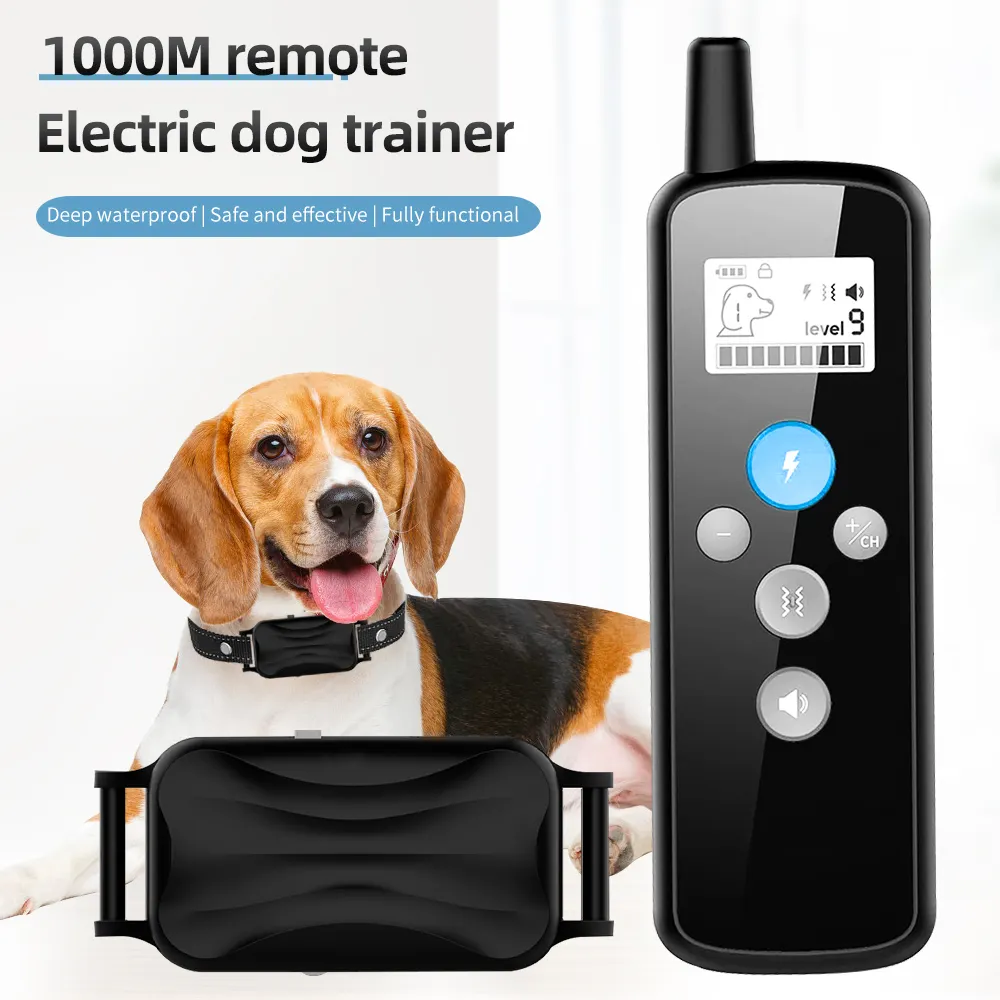 Kerah pelatihan anjing hewan peliharaan, kerah latihan anjing elektrik 1000m, kerah tahan air dapat disesuaikan, kerah latihan anjing dengan Remote untuk anjing multi-jenis