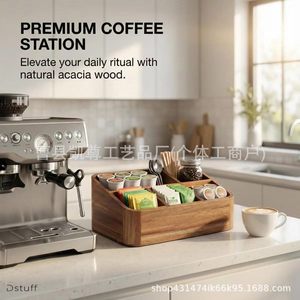 Caja de almacenamiento de madera maciza con compartimentos, organizador de café y bolsitas de té para mostrador de bar, caja de almacenamiento para escritorio de sala de estar - Product Image 2