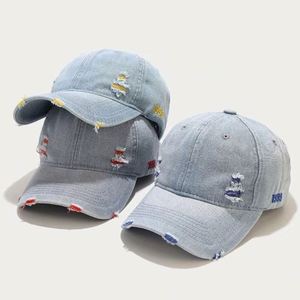 Wholesale Unisex Distressed Denim Baseball Cap Customized Logo Personalized Washed Vintage Light Blue Image Style Common <b>Hats</b> - Product Image 1