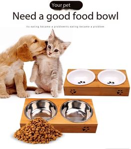 Support en bambou portable Double bol de nourriture et d'eau pour animaux de compagnie en acier inoxydable sain pour chat et chien mangeoire pour petit animal nouvel arrivage - Product Image 4