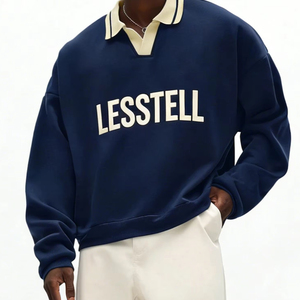 LTD-H1048 Felpa Oversize da <span class=keywords><strong>Uomo</strong></span> in Pile Pesante, Nuovo Design con Colletto <span class=keywords><strong>Polo</strong></span> e Stampa a Contrasto - Product Image 1