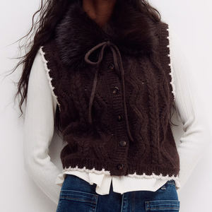 <span class=keywords><strong>Gilet</strong></span> in Maglia a Trecce con Collo in Pelliccia Sintetica <span class=keywords><strong>Marrone</strong></span> Scuro per <span class=keywords><strong>Donna</strong></span>, Look Casual alla Moda Wisrise - Product Image 1