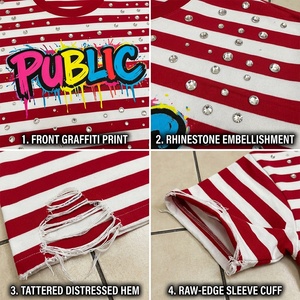 เสื้อยืดผู้ชายลายกราฟฟิตีสตรีทแวร์คุณภาพสูงจากโรงงานผู้ผลิต (OEM) ตกแต่งด้วยคริสตัลและดีไซน์ขาดๆ แบบสั่งทำพิเศษ แขนสั้น - Product Image 2