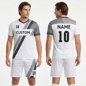 Camiseta de Fútbol Sublimada Personalizada para Hombre, Blanca con Rayas Grises, Cuello en V, Manga Corta, Transpirable, 100% Poliéster, Conjunto Deportivo - Product Image 1