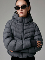 Blouson d'hiver matelassé en V pour femme, personnalisé, tricoté, à capuche régulière, avec cordon de serrage, fermeture éclair, écologique, vente en gros