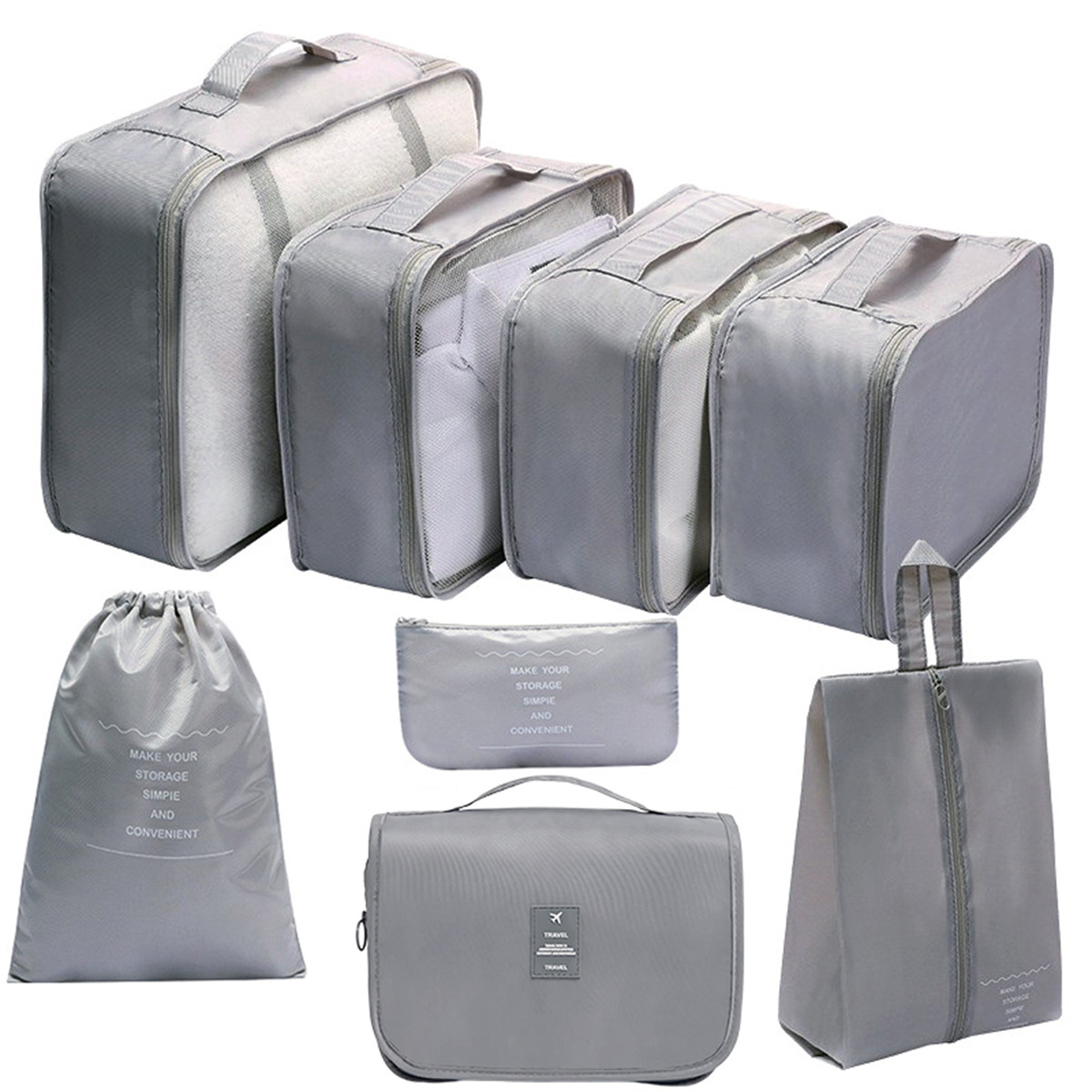 Ensemble gris 8 pièces (comprenant une trousse de toilette)