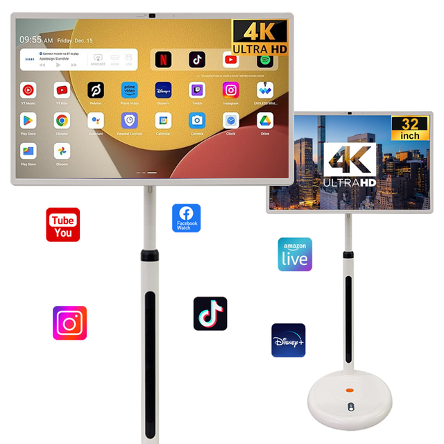 32 Inch 4K White Smart Android LED Backlit Flat Screen TV 18V Power Supply Stand Included HD for Home Hotel Kitchen Trade Booths