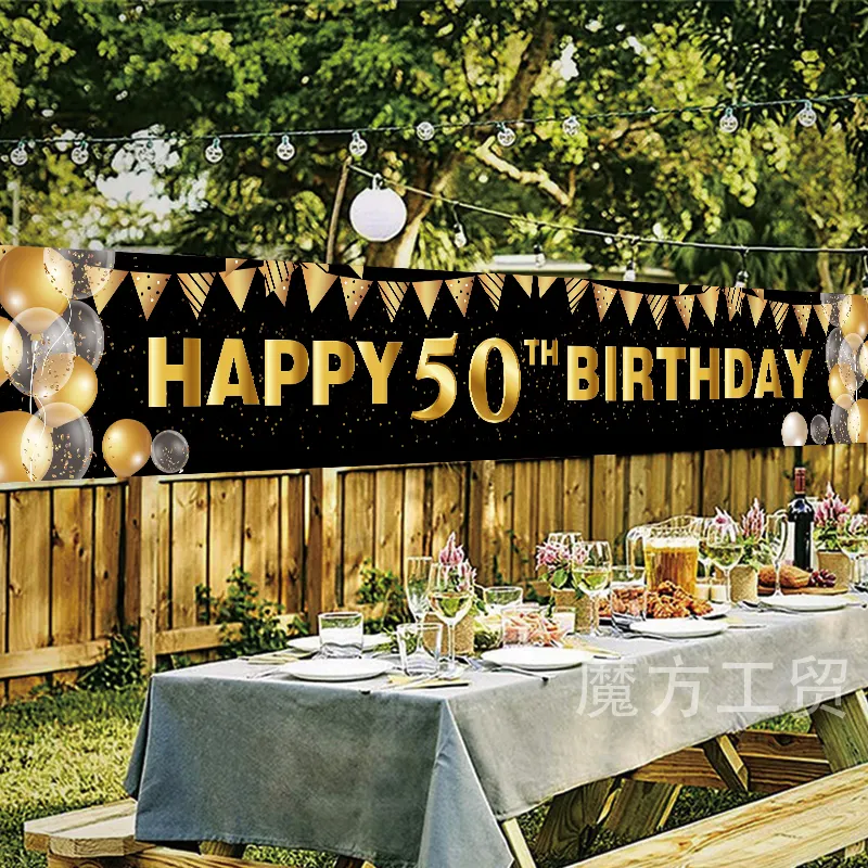 Bannière de décoration pour le 50e anniversaire, en gros, noir et or, bannière pour le 50e anniversaire, fournitures de décoration pour fête d'anniversaire