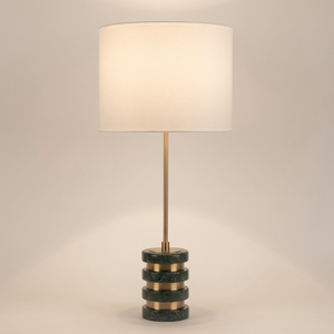 Lámpara de Mesa Moderna de Alabastro, Decoración de Hotel de Lujo, Base de Discos de Piedra Apilados, Separadores de Latón, Pantalla de Tela, Lámpara de Mesa LED Diski Mediana - Product Image 6