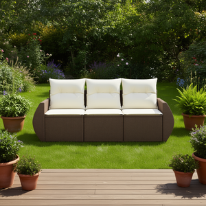 Canapé de jardin moderne en rotin, trois places, mobilier d'extérieur, coussin brun crème blanc, résistant à l'eau et aux UV, rotin PE - Product Image 2