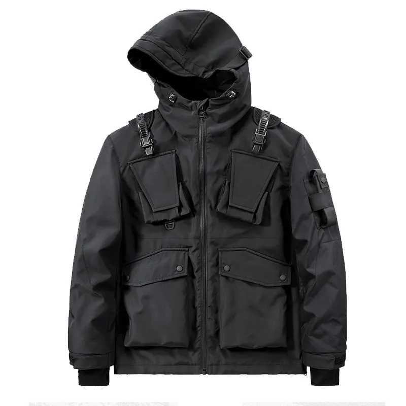 Giacca Cargo Techwear da uomo OEM giacca con cappuccio multitasche giacca a vento con funzione maschile nera