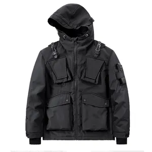 OEM Men's Techwear Cargo Jacket Multi-pocket Hooded Jacket Coat Male Function Windbreaker Black