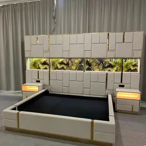 2024 cama de lujo de cuero genuino tamaño King cama tamaño Queen respaldo alto Base de acero inoxidable dorado juegos de dormitorio muebles de dormitorio