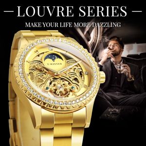 WINNER Tourbillon Montre de luxe pour hommes Crystal Case Squelette Gravé Phase de Lune Cadran Mécanique Bracelet en acier inoxydable relogio - Product Image 4