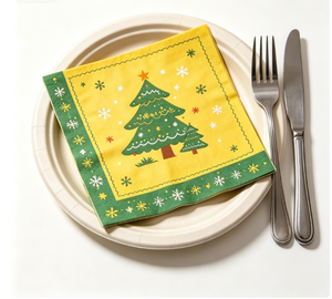Serviettes <span class=keywords><strong>de</strong></span> table jetables imprimées avec un arbre <span class=keywords><strong>de</strong></span> Noël jaune et vert, 2 plis, douces, absorbantes, 4 plis - Product Image 4