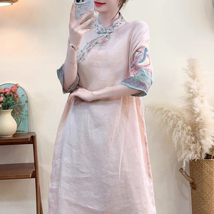 Traditional Chinese Style Embroidered Linen Dress Women Mid Length Light Pink With Floral Pattern Summer Wear - Product Image 1