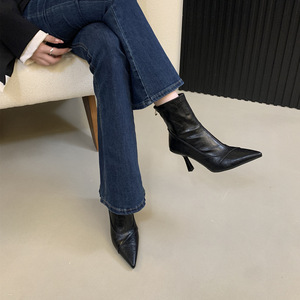 Botines de tacón de aguja con punta en pico estilo francés para mujer, de PU marrón, cálidos, con cremallera, ajuste ceñido, para otoño e invierno - Product Image 3