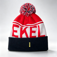 Bonnet personnalisé en jacquard à pompons, avec patch brodé rond, rayé, tricoté, chaud, coupe-vent, en acrylique, style streetwear, bonnet court