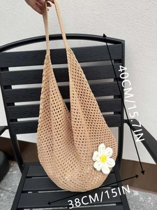 Bolso Tote de Ganchillo de Poliéster con Diseño Floral, Estilo Bohemio, Abierto, para Playa, Verano, Compras, Venta al Por Mayor - Product Image 6