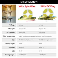 Bande LED COB 12V 24V 8mm PCB Noir Dimmable 320LEDs/m Haute Densité RA90 Ruban Flexible Extérieur Matériel ABS
