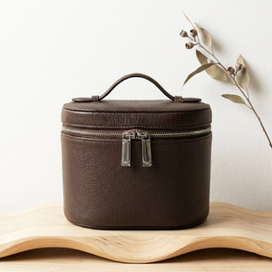 Coffee Litchi Pattern PU Leather <b>Makeup</b> Bag Cylindrical Travel Toiletry Case Large Capacity <b>Vanity</b> Organizer Cosmetic Box Handle - Product Image 1