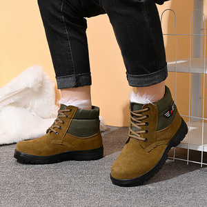 Bottes d'hiver chaudes en cuir de vachette et laine, doublées polaire, antidérapantes, chaussures de travail unisexes pour adultes, bottes de neige couleur unie à lacets avant - Product Image 2