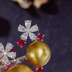 Bague en argent pur S925 avec double perle naturelle dorée, 8-12 mm, ronde, sans défaut, design élégant, sertie - Product Image 5