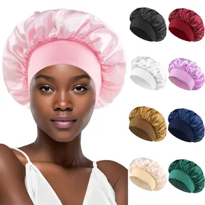 Logotipo personalizado Impresso Plain Nightcap Sleeping Cap Mulheres Camada Única Banda Larga Elástica Satin Silk Hair Bonnet