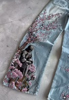 Jean en denim personnalisé brodé motif fleur de cerisier, coupe large, style Y2K vintage, streetwear pour homme