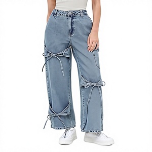 Jeans Cargo da <span class=keywords><strong>Donna</strong></span> Stile Y2K a Vita Alta, Traspiranti, Eco-Friendly, in Denim Lavato, Gamba Larga, Dritti, Sciolti, con Laccetti, per Estate e Autunno - Product Image 2
