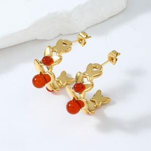 ต่างหูหินธรรมชาติสีดำสีแดงสีเขียวต่างหูชุบทอง18K ต่างหูตอกสแตนเลสเครื่องประดับแฟชั่นต่างหูรูปทรง CC - Product Image 6