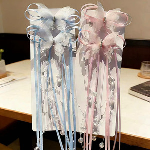 Barrette à cheveux en ruban tressé avec perles et pompons, ruban papillon pour deux queues de cheval, accessoires pour cheveux d'enfants. - Product Image 2