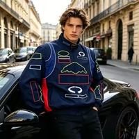 Blouson Moto Hiver Unisexe Grande Taille Personnalisé Streetwear Ample Brodé Voiture de Course F1 Imperméable en Toile avec Fermeture Éclair Motif Dessin Animé