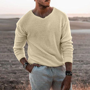 Suéter de punto tipo gofre con cuello en V ancho para hombre, estilo otoño-invierno, con textura de panal, cuello holgado y ribetes acanalados, ajuste ceñido. - Product Image 1