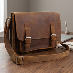 Sac à bandoulière en cuir véritable pour ordinateur portable, design coréen moderne, sangle réglable, facile à transporter, durable, imperméable, pour hommes - Product Image 1
