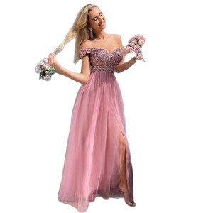 Vestido de noche largo de tul con lentejuelas y hombros descubiertos, con abertura y cintura imperio, para fiesta de graduación - Product Image 5