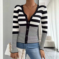 Kardigan Rajut Wanita Elegan Hitam Putih Bergaris, Kerah V Kancing Depan, Rajutan Rib, Lengan Panjang, Slim Fit, Atasan Rajut