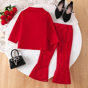 Set di Abbigliamento per Ragazze Autunno 2026: <span class=keywords><strong>Blazer</strong></span> Rosso + Pantaloni a Zampa in Pizzo, Completo a Maniche Lunghe 2 Pezzi <span class=keywords><strong>Bianco</strong></span> e Rosso - Product Image 2