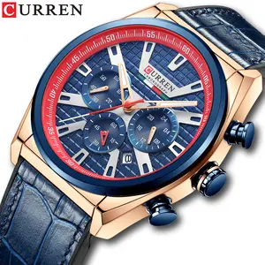 CURREN Man Wrist Watch Chronograph Calendar Sport Watch for Men Top reloj Luxury Blue Genuine Leather Mens watches Clock 8392