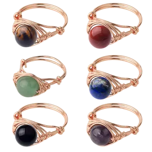 Wholesale New Design Fashion Gold Plated Rings Women Warp Multi Colored Raw Round Shaped Stone Finger Ring