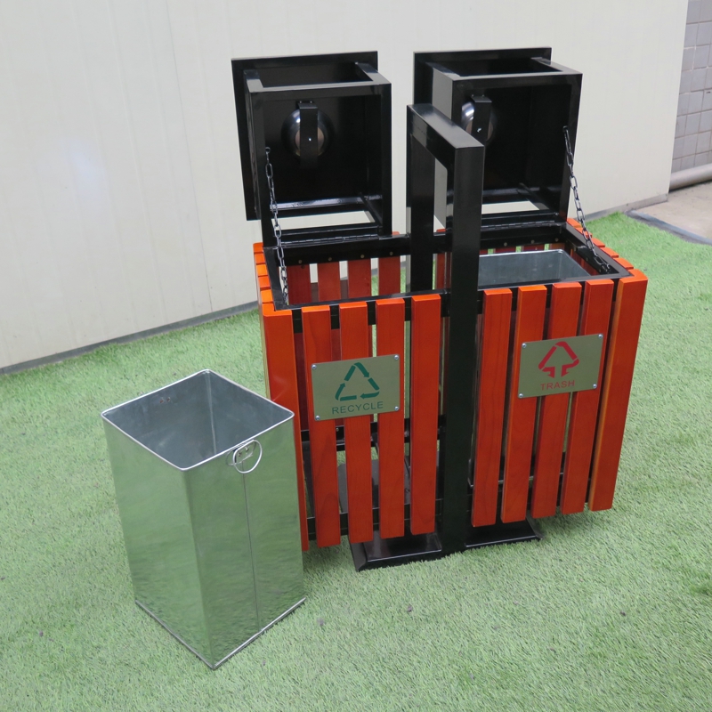 Garden Furniture Outdoor Waste Can Double Compartments Recycling Bin Wooden Trash Bin