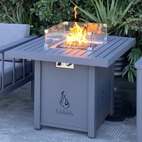 Table de foyer au propane carrée moderne en aluminium gris thermolaqué de 28 pouces avec brûleurs en acier inoxydable et pare-vent en verre