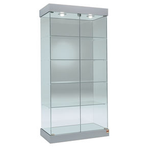 Vitrina Moderna de Vidrio de 75 cm de Ancho y 190 cm de Alto, Base Gris Claro con Puertas Abatibles con Cerradura y Luces Halógenas Superiores - Product Image 1