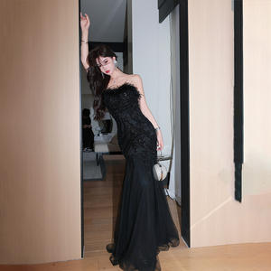 Venta al por mayor de las mujeres negro cola de pez vestido de gasa industria pesada anfitrión banquete <span class=keywords><strong>matrimonio</strong></span> cumpleaños tubo superior vestido de noche - Product Image 4