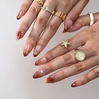 Ongles à presser en acrylique doré dégradé rouge, avec décorations 3D en métal, perles et feuille d'or, forme amande, longueur courte, nouveaux ongles chinois