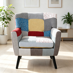 <span class=keywords><strong>Fauteuil</strong></span> d'appoint en tissu <span class=keywords><strong>patchwork</strong></span>, <span class=keywords><strong>fauteuil</strong></span> de loisirs <span class=keywords><strong>patchwork</strong></span> multi-motifs avec pieds en bois pour salon, certifié BSCI OEM/ODM - Product Image 1
