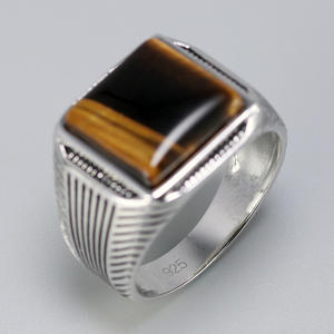 Cincin perak Sterling 925 pria, perhiasan cincin pria mata harimau pola garis batu alami keren Retro Punk kustom - Product Image 5