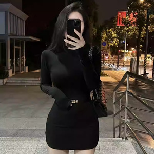High Neck Bodycon Dress Women Autumn Long Sleeve Slim Fit Black Solid Color Tight Waist Hip Hugging Short Skirt - Product Image 1
