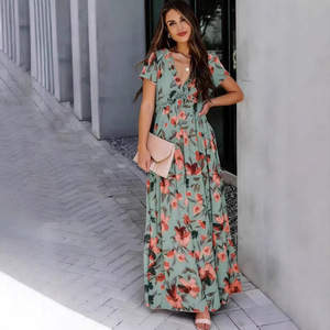 Floral Print V-neck Long <b>Dress</b> <b>Elastic</b> Waist Casual Daily Wear Short Sleeve Maxi <b>Dress</b> - Product Image 2