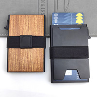 Dompet kartu pria, dompet kartu Pop up penghalang RFID aluminium & kayu minimalis Ultra ramping Logo ukiran kustom dengan pelat dapat diperluas